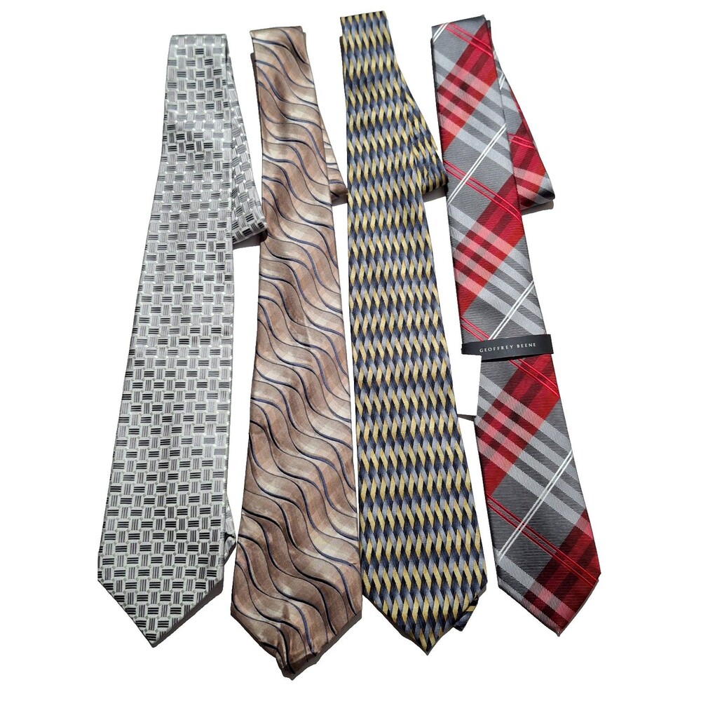 Lot of 4 Geoffrey Beene Men's Silk Ties Geometric Plaid Stripe Classic Neckties